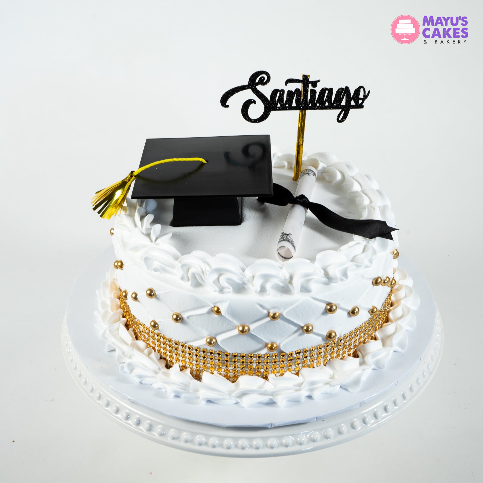 Gold Dots & Ribbon Graduation Cake – Mayu's Cakes & Bakery