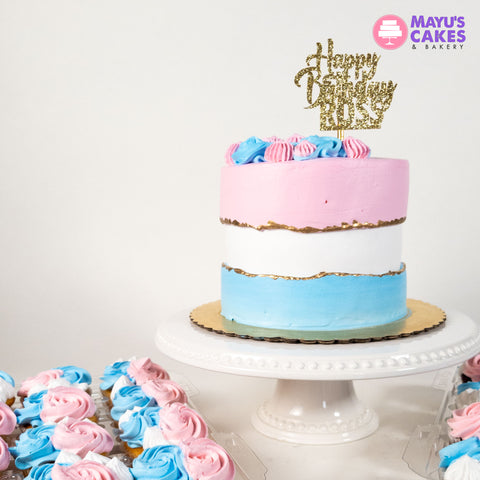 Blue, Pink & Gold Gender Reveal Tall Cake