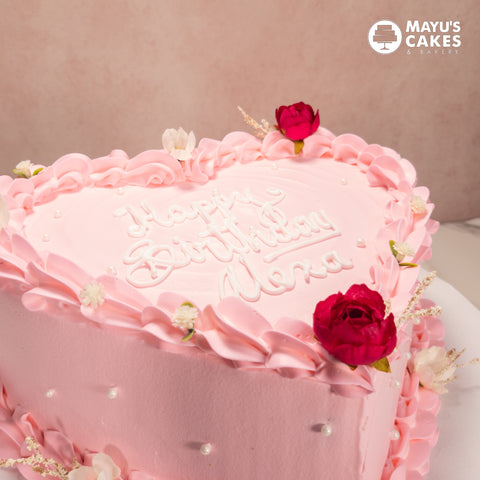 Pink & Flowers Heart Shaped Cake