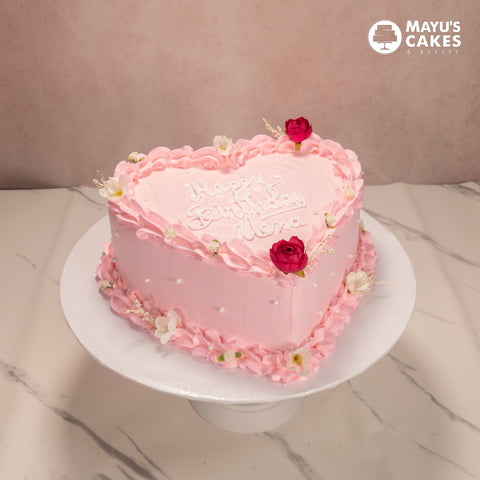 Pink & Flowers Heart Shaped Cake